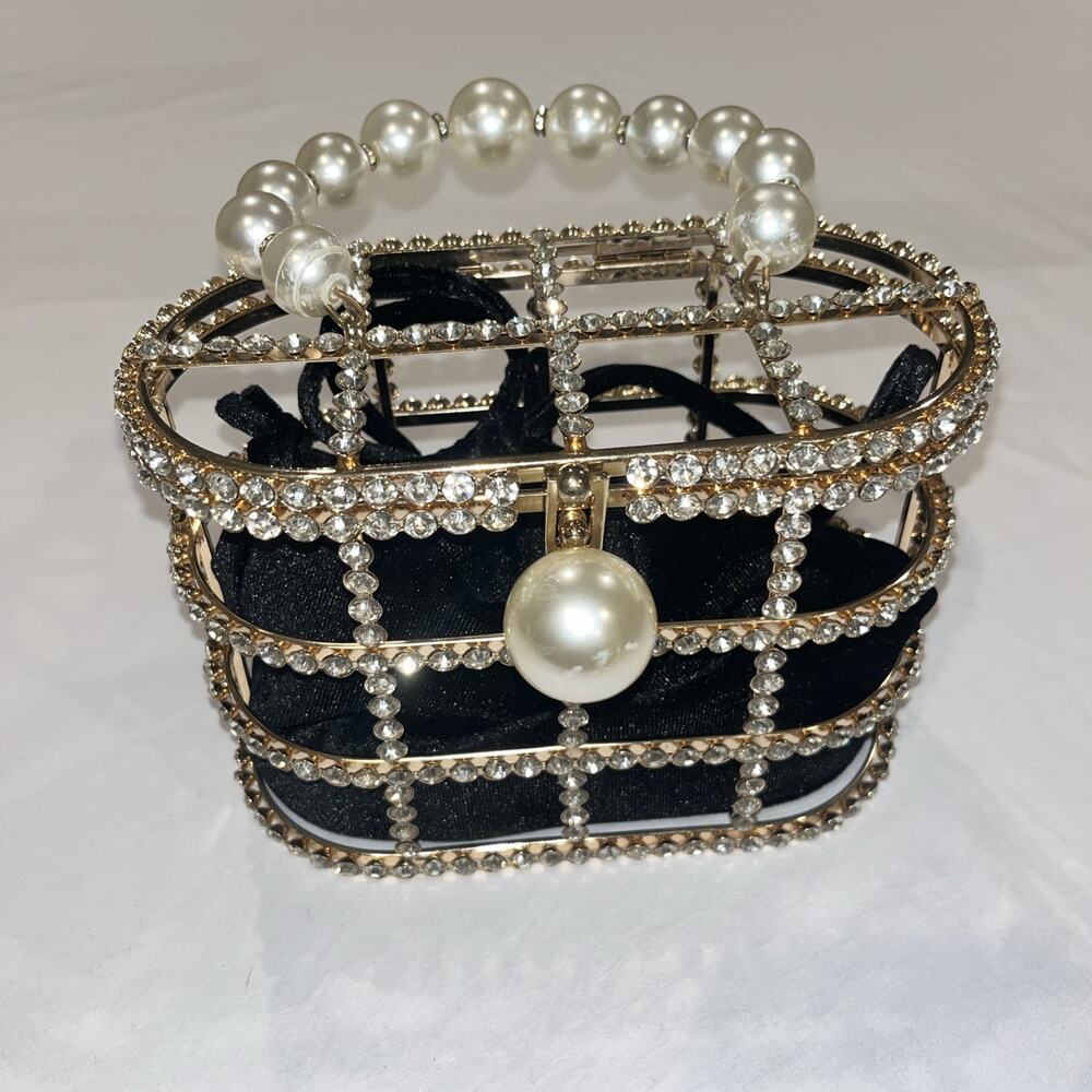 Cariedo Black Clutch Handbag Gold With Rhinestones Pearl Handle